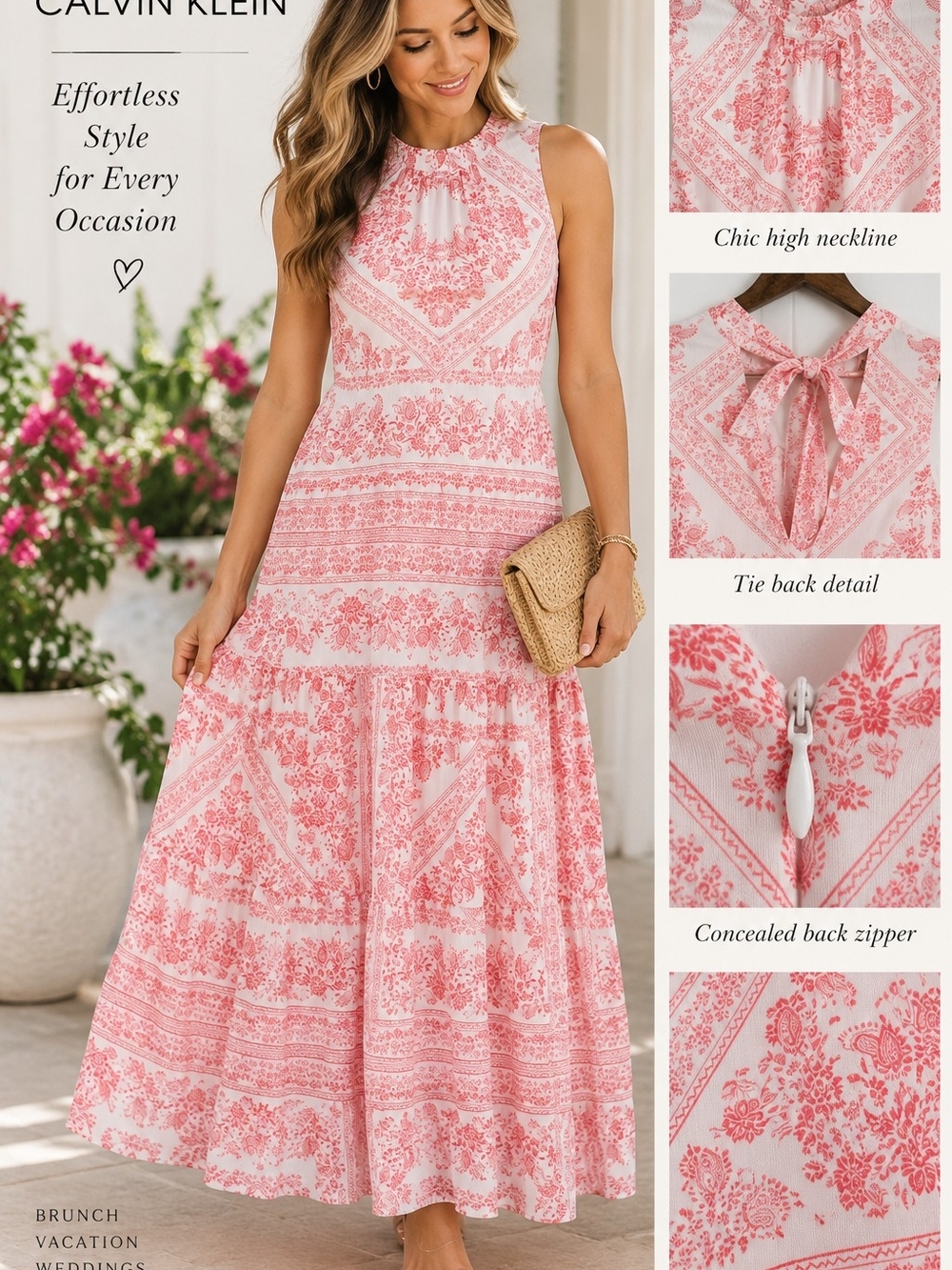 Calvin Klein Pink & White Paisley Floral Maxi Dress Size 4